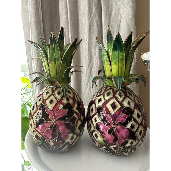 2 Vintage Cloisonné Enameled Pineapple Candlestick Holders Hollywood regency set - Picture 3 of 16